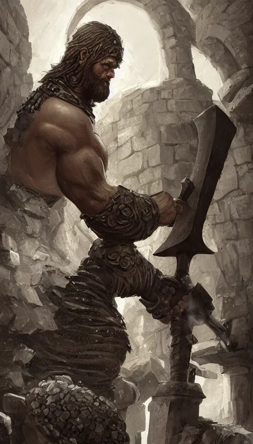 Image similar to the blacksmith, very strong, muscular, big hammer, anvil, beard, fame of thrones, fibonacci,, intricate fashion clothing, insane, intricate, highly detailed, surrealistic, digital painting, artstation, concept art, smooth, sharp focus, illustration, Unreal Engine 5, 8K, art by artgerm and greg rutkowski and alphonse mucha
