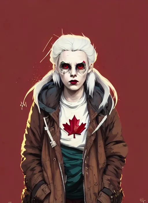 Image similar to highly detailed portrait of a sewer punk canadian lady, tartan hoody, white hair by atey ghailan, by greg rutkowski, by greg tocchini, by james gilleard, by joe fenton, by kaethe butcher, gradient red, brown, blonde cream and white color scheme, grunge aesthetic!!! ( ( graffiti tag wall background ) )