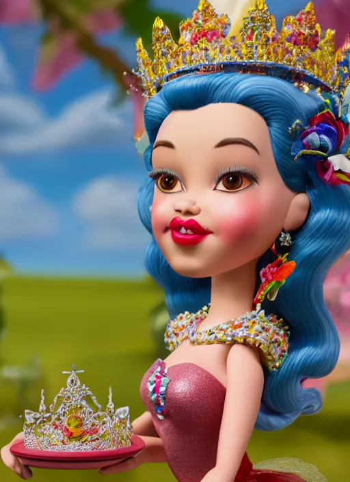 Image similar to closeup face profile portrait of tin toy sylvia sims as a fairytale princess wearing a crown eating cakes, bikini, depth of field, zeiss lens, detailed, symmetrical, centered, fashion photoshoot, by nicoletta ceccoli, mark ryden, lostfish, breathtaking, 8 k resolution, extremely detailed, beautiful, establishing shot, artistic, hyperrealistic, octane render