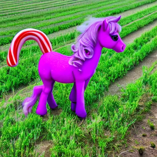 Image similar to purple pony trotting through a cotton candy and candy cane field