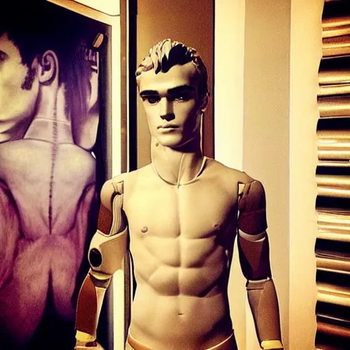 Image similar to “ a realistic detailed photo of a guy who is an attractive humanoid who is half robot and half humanoid, who is a male android, soccer player antoine griezmann, shiny skin, posing like a statue, blank stare, on the bed, on display ”