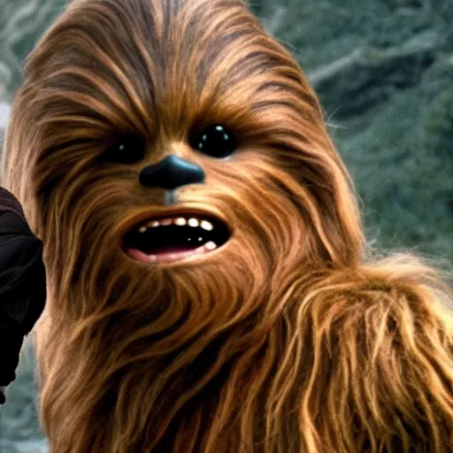 Image similar to a still of mark hamill as han solo, with chewbacca, in return of the jedi, 8 k