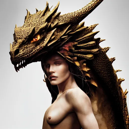 Image similar to portrait of a stunningly beautiful dragon queen female, depth of field, zeiss lens, detailed, symmetrical, centered, fashion photoshoot, by Annie Leibovitz and Steve McCurry, David Lazar, Jimmy Nelsson, Breathtaking, 8k resolution, extremely detailed, beautiful, establishing shot, artistic, hyperrealistic, beautiful face, octane render