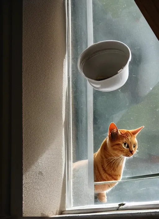 Image similar to cat inside a window next to a cat food bowl watching a martian landscape