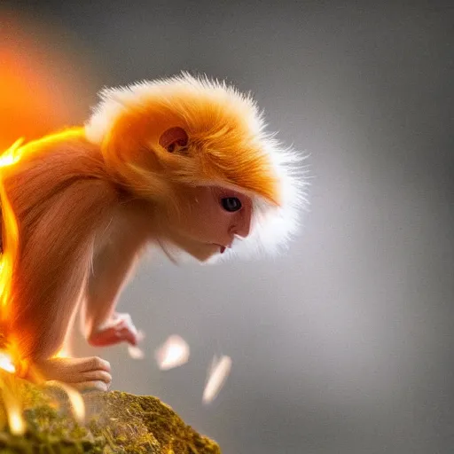 Image similar to golden snubnose monkey going super saiyan 3 like dragon ball z, super long hair, flaming chi aura. 4 k, subtle hdr. golden hour. award winning. flaming chi aura.