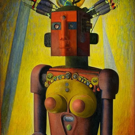 Image similar to portrait of a robot shaman, by annie swynnerton and edward hopper and jean delville and rufino tamayo and evelyn de morgan, art deco shaman, stylized geometric flowers, art brut, outsider art, symbolist, dramatic lighting, god rays, clean crisp graphics, smooth sharp focus, extremely detailed, adolf wolfli