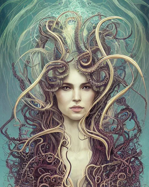 Prompt: centered beautiful detailed front view portrait of a woman with ornate tentacles growing around, ornamentation, flowers, elegant, beautifully soft lit, full frame, by wayne barlowe, peter mohrbacher, kelly mckernan, h r giger