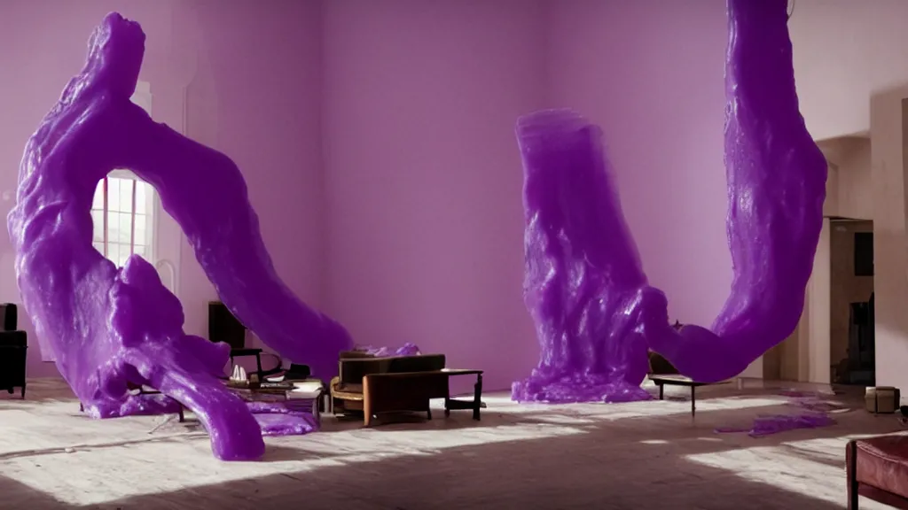 Prompt: a giant hand made of purple wax float through the living room film still from the movie directed by denis villeneuve with art direction