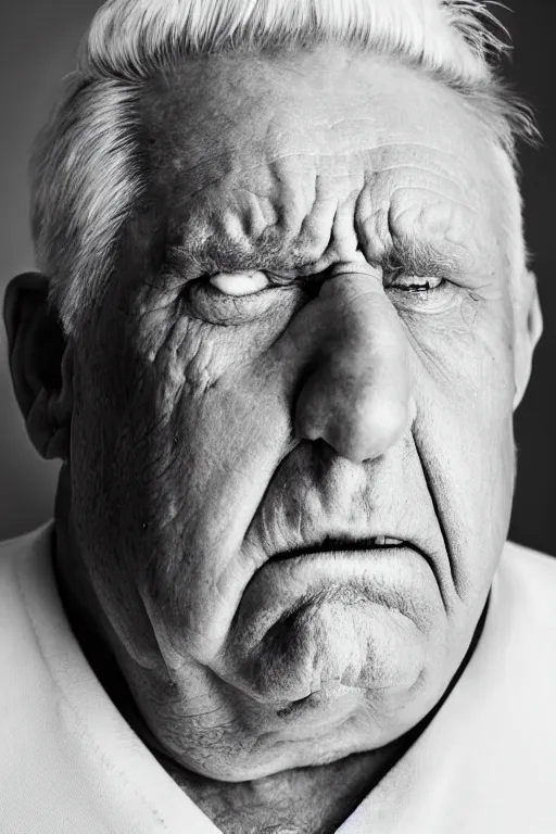 Prompt: portrait of a heavy old man with shaved face and white hair. he has a sad look in his eyes. studio lighting