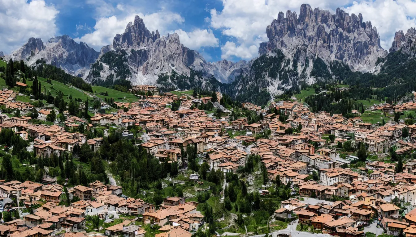 Prompt: an italian town in the dolomites mountains, volcanic eruption