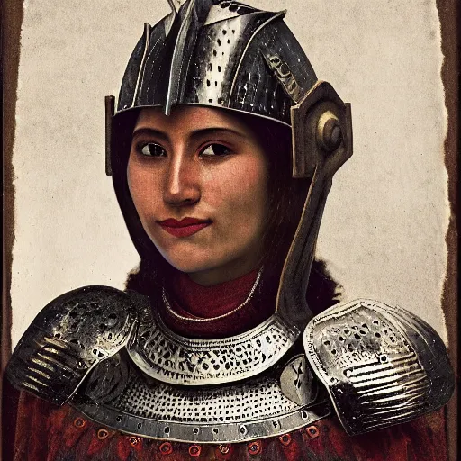 Prompt: head and shoulders portrait of a female knight, quechua!, roman armor, cuirass, tonalist, symbolist, realistic, ambrotype, baroque, detailed, modeled lighting, vignetting, indigo and venetian red, angular, smiling, eagle