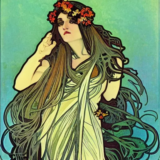 Image similar to death, painted by alphonse mucha