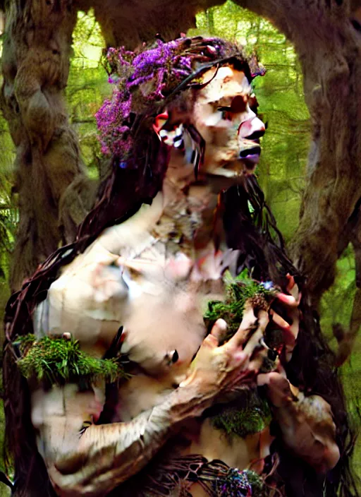 Prompt: druid with wildflowers braided in his hair, full body, hyper realistic, extremely detailed, dnd character art portrait, dark fantasy art, intricate fantasy painting, dramatic lighting, vivid colors, deviantart, artstation, by edgar maxence and caravaggio and michael whelan and delacroix.