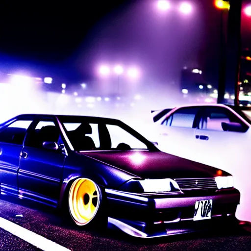 Prompt: a car JZX100 turbo drift at illegal car meet, Shibuya prefecture, midnight mist lights, cinematic color, photorealistic, highly detailed wheels, highly detailed