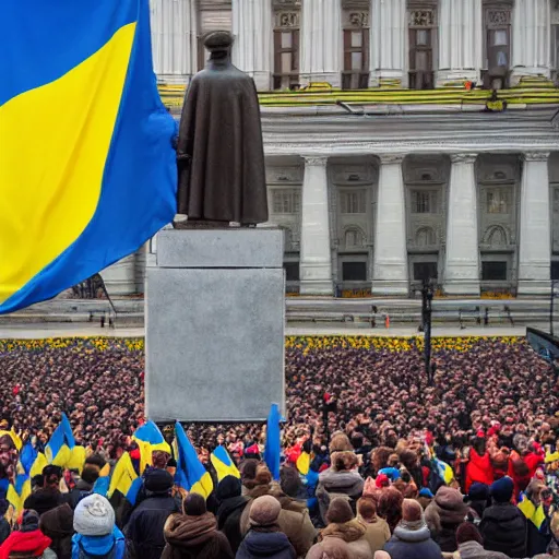 Image similar to a crowd of people with ukrainian flags bring down statue of vladimir lenin, leica sl 2 5 0 mm, dslr, vivid color, high quality, high textured, real life