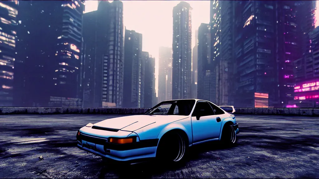 Prompt: modernized 240sx flying through a dystopian cyberpunk cityscape