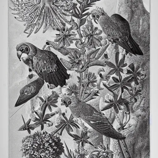 Image similar to beautiful elegant ernst haeckel fauna illustration of many greek cheek conures and flowers