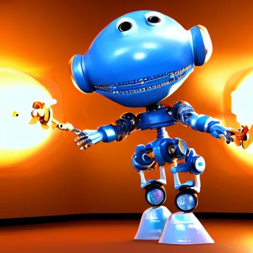 Prompt: a cool mechanic robot chick, with a tv head and gears and bolts everywhere on its body, doing karate moves in the air and swinging an electric guitar, 3 d render by pixar and disney