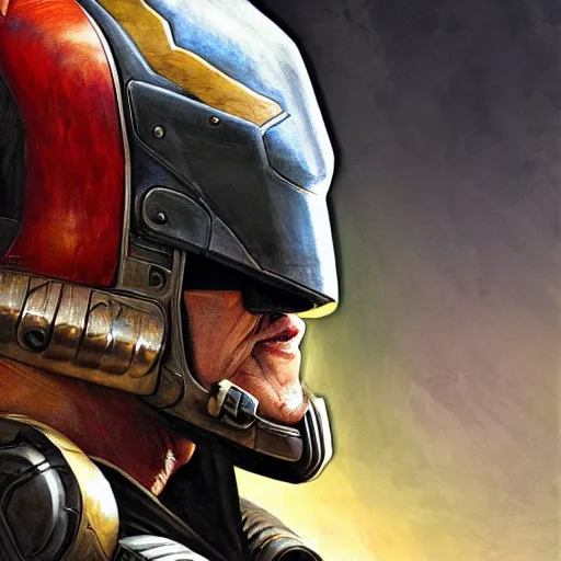 Image similar to Sylvester Stallone as Judge Dredd, artists portrait, fantasy, highly detailed, digital painting, concept art, sharp focus, depth of field blur, illustration, art by artgerm and greg rutkowski and alphonse mucha