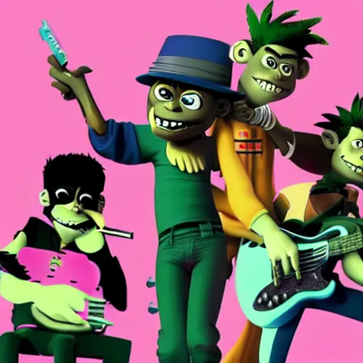Prompt: Gorillaz band in real life, 8k, highly detailed