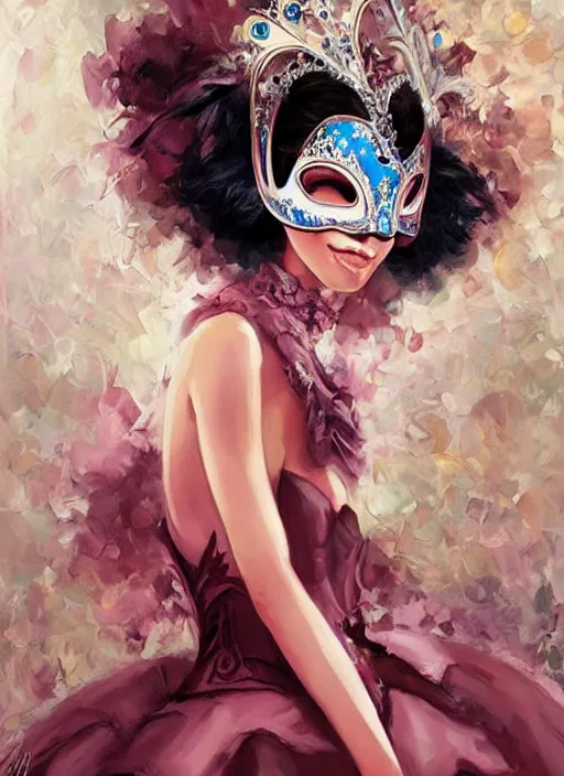 Prompt: a beautiful woman wearing an elaborate masquerade mask and ballgown, looking at the viewer with an alluring expression. painting by artgerm and magali villanueve