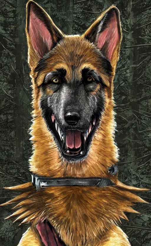 Image similar to close up character portrait icon of the german shepard beast - man military uniform head animal person wearing clothes standing in the bright forest, hidari, color page, tankoban, 4 k, tone mapping, akihiko yoshida