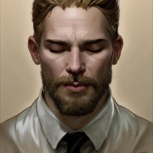 Prompt: Lucius with closed eyes smiling, very detailed sharp angular masculine face, hooked nose and square jaw long fluffy curly blond hair, light blond hair, gorgeous, beautiful, intricate, highly detailed, digital painting, artstation, concept art, sharp focus, illustration, art by greg rutkowski and alphonse mucha