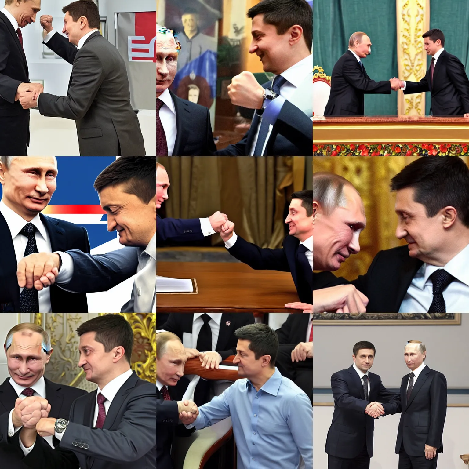 Prompt: vladimir putin and volodymyr zelensky fist bump, photorealistic, highly detailed, detailed faces