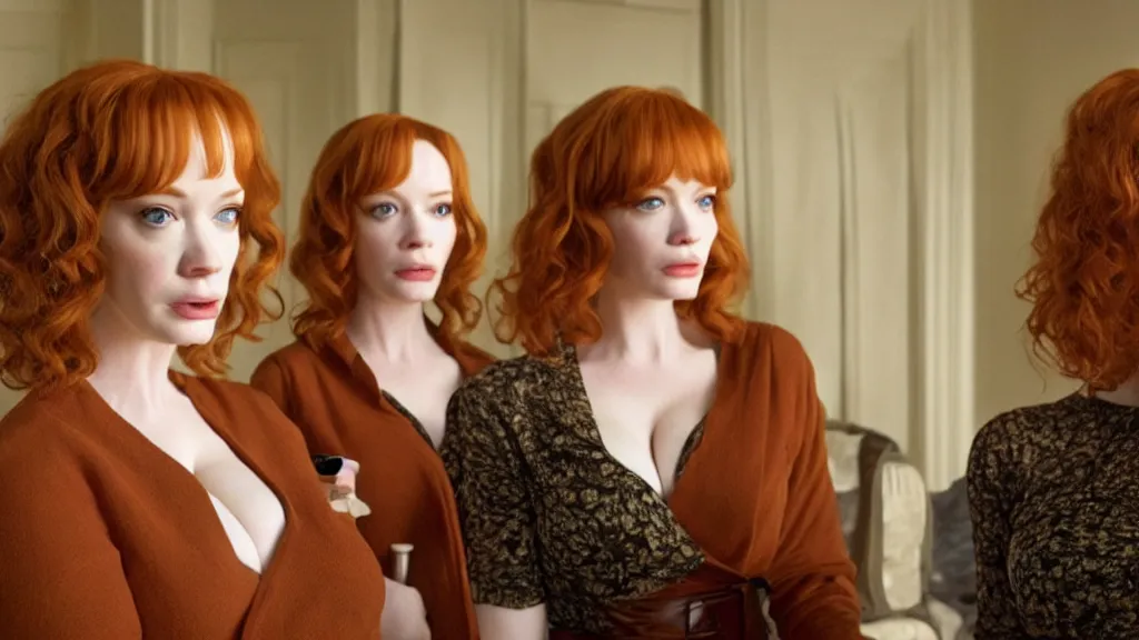 Image similar to a very surprised beautiful Christina Hendricks and her twin sister in the living room, film still from the movie directed by Denis Villeneuve with art direction by Salvador Dalí, wide lens