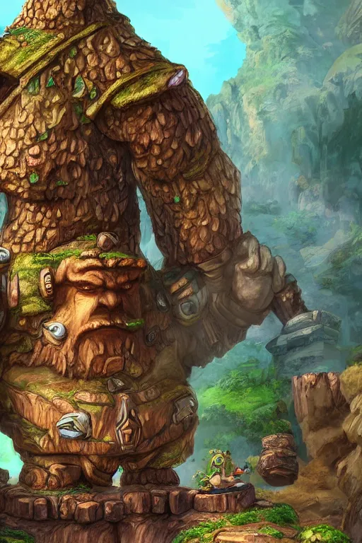 Image similar to zelda fantasy art giant golem troll wood rock greeble gemstone, global illumination ray tracing hdr fanart arstation by sung choi and eric pfeiffer and gabriel garza and casper konefal