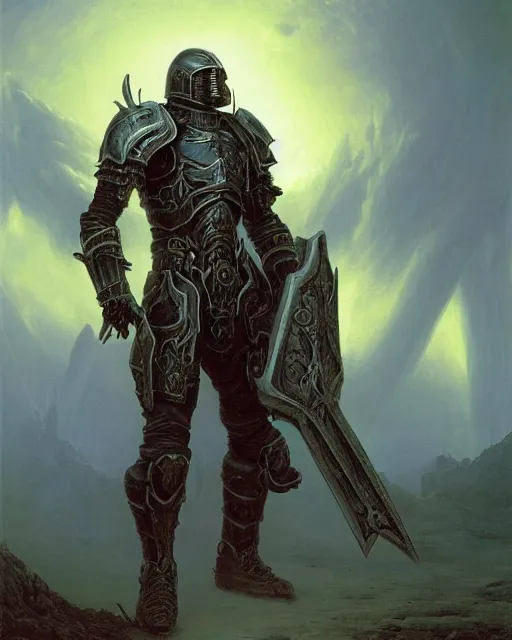 Image similar to a heavily armoured death knight by thomas cole and wayne barlowe