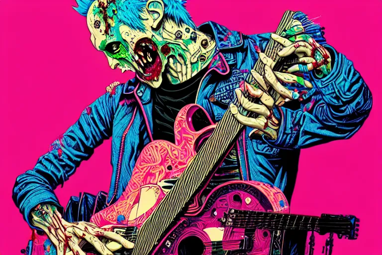 Prompt: risograph of a punk zombie playing guitar, tristan eaton, victo ngai, artgerm, rhads, ross draws, intricated details