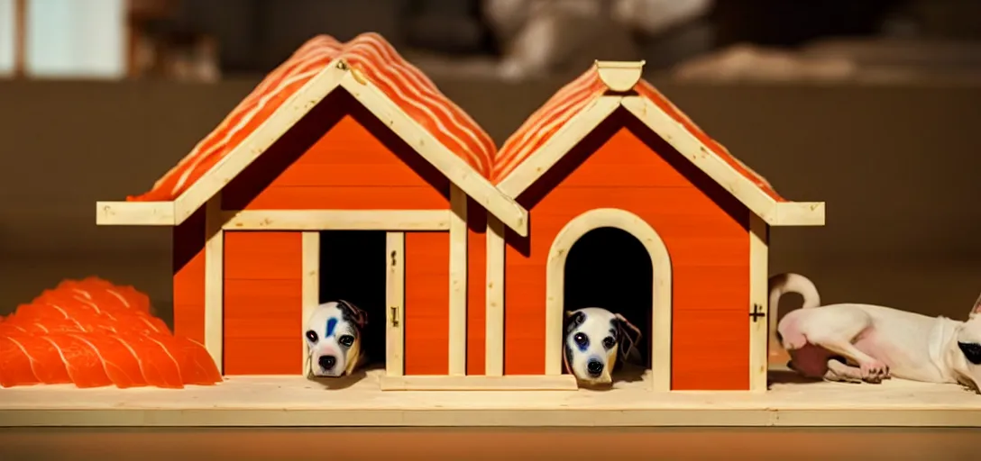 Image similar to a very high resolution image from a new movie. a dog house made of sushi. close up. 2 0 0 mm, dof, photorealistic, photography, directed by wes anderson