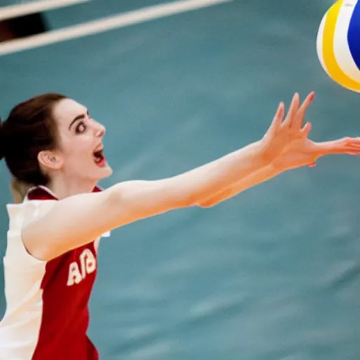 Prompt: a volleyball that looks like anne hathaway