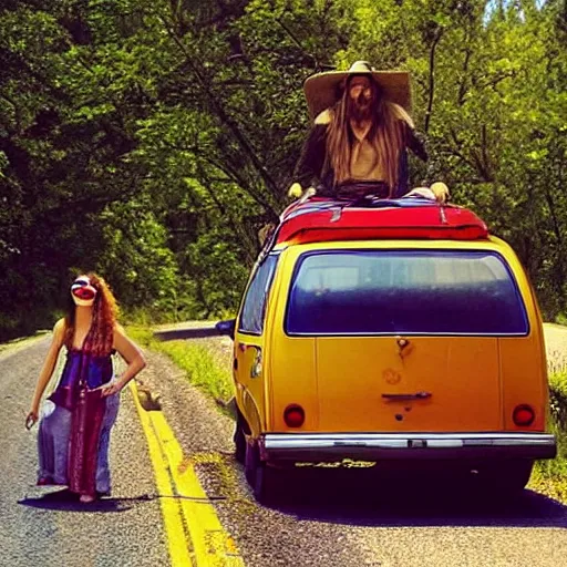 Image similar to a hippie poster of 2 people hitchhiking at the edge of the road with a caravan,