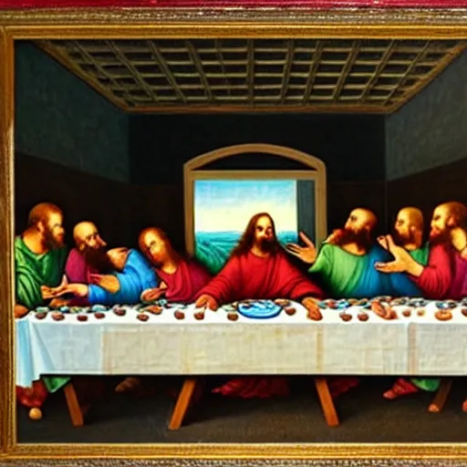 Prompt: the last supper but with famous african american, painting, on display