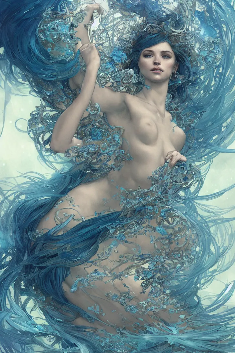 Prompt: a hyper detailed painting of a mermaid queen, blue tones, underwater, highly detailed, digital painting, artstation, concept art, smooth, sharp focus, illustration, art by artgerm and greg rutkowski and alphonse mucha