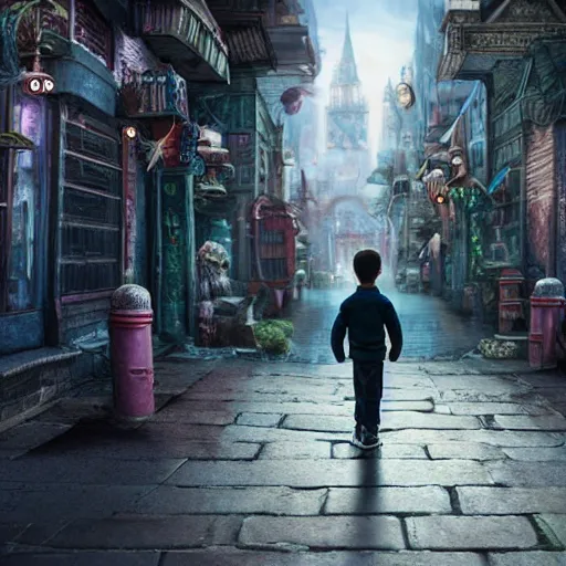 Image similar to the back of a boy standing in the streets of a fantastical fantasy city, extremely detailed and photorealistic, 8k