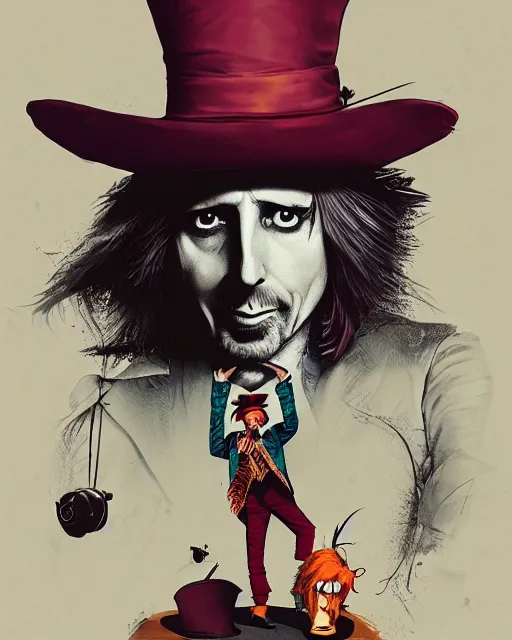 Image similar to tom petty as the mad hatter, contrast, kim jung gi, greg rutkowski, zabrocki, karlkka, jayison devadas, trending on artstation, 8 k, ultra wide angle, zenith view, pincushion lens effect