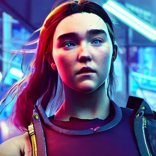 Prompt: florence pugh in cyberpunk 2 0 7 7, unreal engine 5 4 k, hyperdetailed photorealism