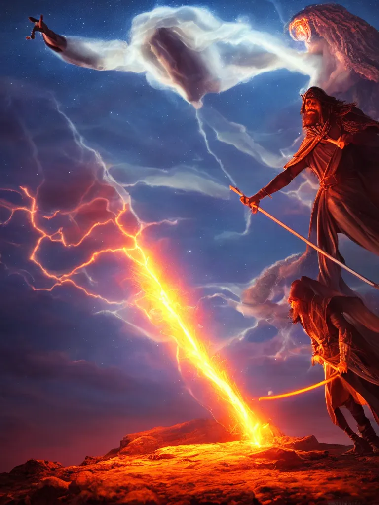 Image similar to levitating wizard wielding a spear, opening a shining portal, night sky, horizon of an erupting volcano, 4 k, ultra realistic, detailed, epic lighting, high detail, masterpiece, trending on artstation