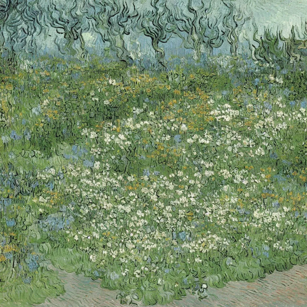 Prompt: a gorgeous classic garden filled with beautiful flowers in different shades of pale green, van gogh