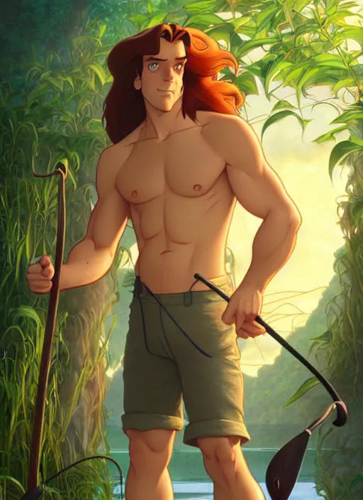 Image similar to cute fisherman tarzan, natural lighting, path traced, highly detailed, high quality, digital painting, by don bluth and ross tran and studio ghibli and alphonse mucha, artgerm