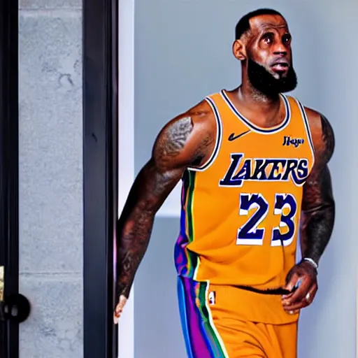 Prompt: paparazzi photo of lebron james leaning against the door in the style of sixnine, rainbow hair, high quality