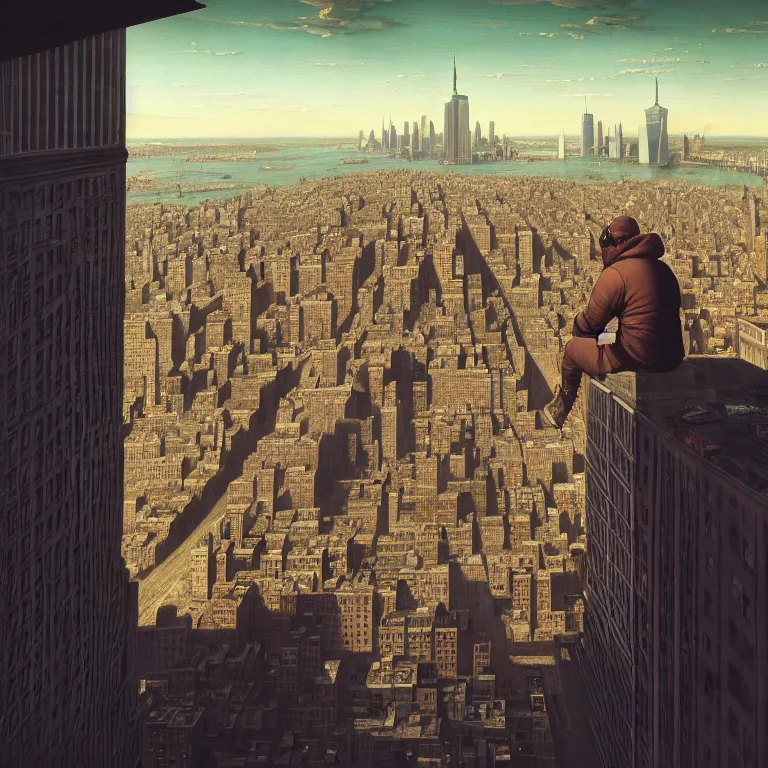 Prompt: a rapper looking at new york from a rooftop, dream - like atmosphere, symmetrical baroque painting, perfect composition, beautiful detailed intricate insanely detailed octane render trending on artstation, 8 k artistic photography, photorealistic, soft natural volumetric cinematic perfect light, chiaroscuro, award - winning photograph, masterpiece, raphael, caravaggio, greg rutkowski, beeple