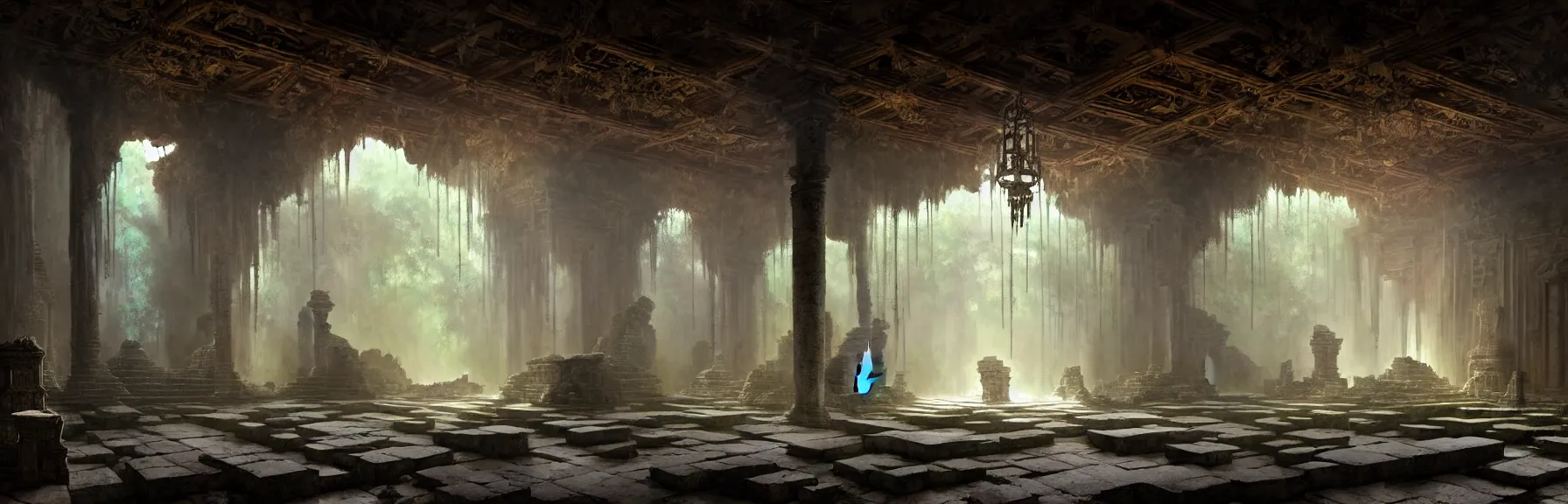 Image similar to The interior of an mystical ancient dilapidated temple in ruins amidst jungle, intricate runes chiseled on the walls, elegant chandelier hanging from the ceiling; volumetric lighting, digital painting, highly detailed, artstation, sharp focus, illustration, concept art, ruan jia, steve mccurry