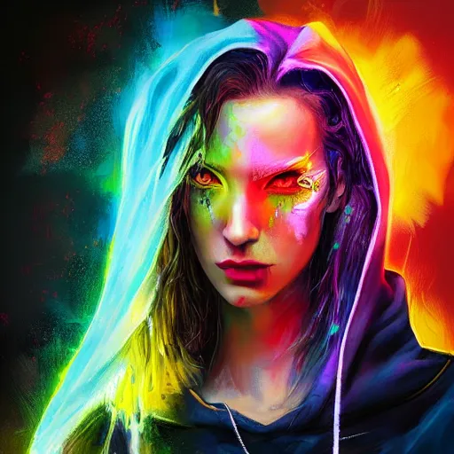 Prompt: cyberpunk goddess, hoodie side portrait, striking, defiant, spotlight, vibrant colors, paint splash, beautiful eyes, by marco paludet and gianni strino and marion bolognesi