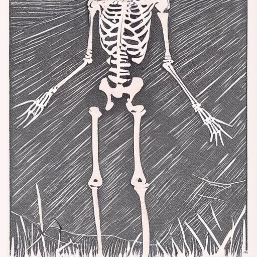 Prompt: risograph of a skeleton in a field