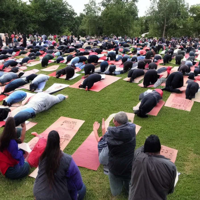 Image similar to humans praying to a giant cat god