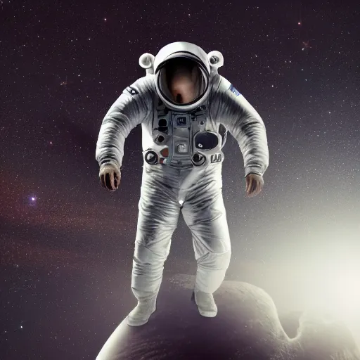 Prompt: man in silver space suit, walking on an industrial catwalk, suspended in the darkness of space, 4 k photograph, isometric view